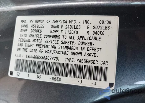 2006 Acura Tl from USA, damaged, VIN 19UUA66236A076701